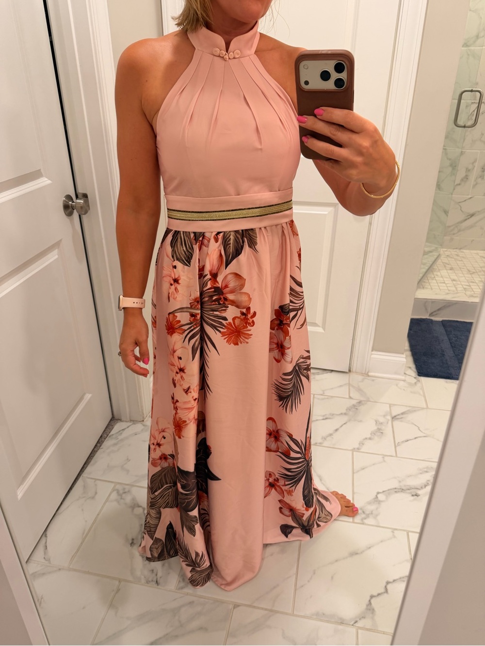 Blush Halter Floral Maxi Dress with Gold Waistband